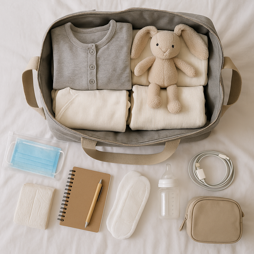 Trying to decide what to bring in your hospital bag? This photo shows some important items, like a phone charger, a notebook, clothing for you and the baby, and a bottle.
